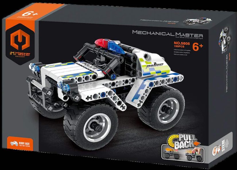 Stavebnice iM.MASTER policejní auto plast 199 dílků na zpětné natažení v krabici 29x20x6cm