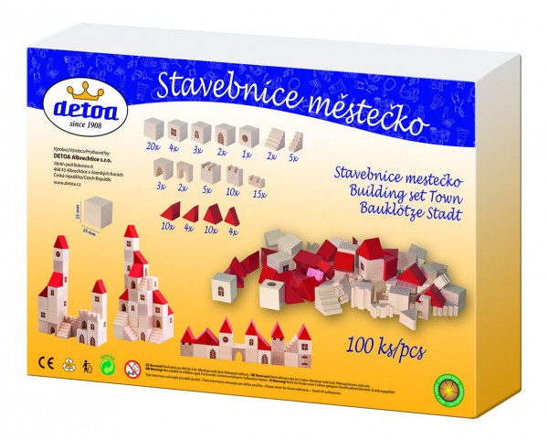 Stavebnice kostky 2,5cm dřevo městečko 100 dílků v krabici 29x19x6cm - Detoa
