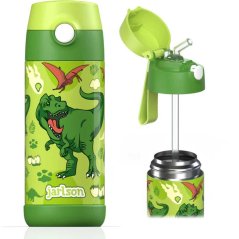 Detská termo fľaša z nerezovej ocele so slamkou JARLSON CHARLI Dinosaurus 350 ml