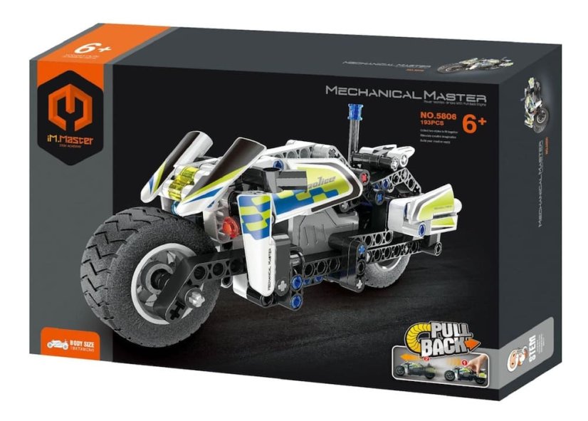 Stavebnice iM.MASTER policejní motorka na zpětné natažení plast 193 dílků v krabici 29x20x6cm