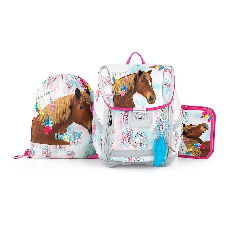 Školní aktovka v setu pro prvňáčky Oxybag PREMIUM LIGHT Kůň romantic pírka - 3 díly