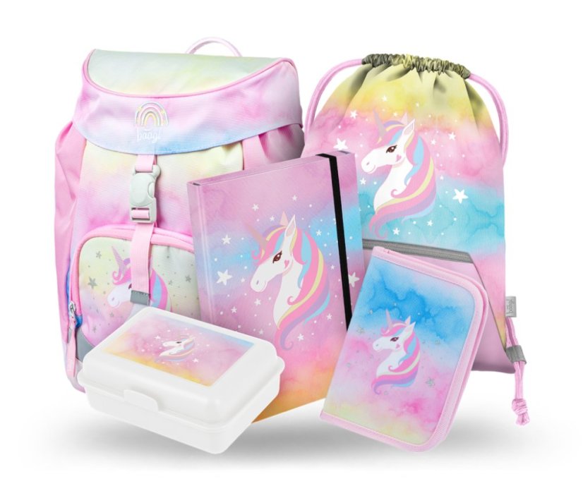 BAAGL 5 SET Airy Rainbow Unicorn: batoh, penál, sáček, box, desky - Baagl