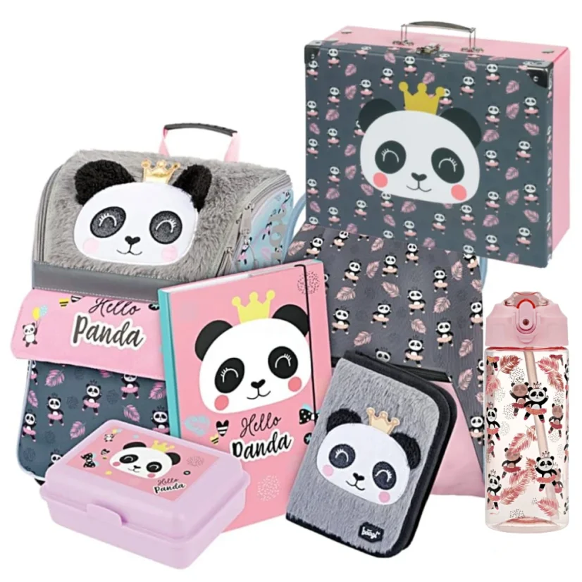 Školní aktovka v setu pro prvňáčky Baagl Zippy Panda - 7 dílů - láhev s brčkem