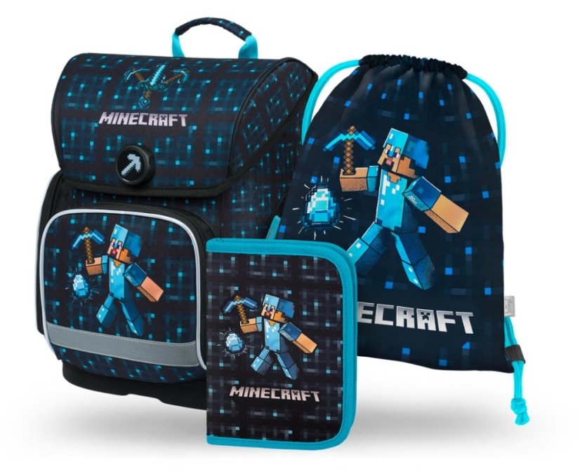 BAAGL SADA 3 Ergo Minecraft Blue Axe: aktovka, peračník, vrecko - Baagl