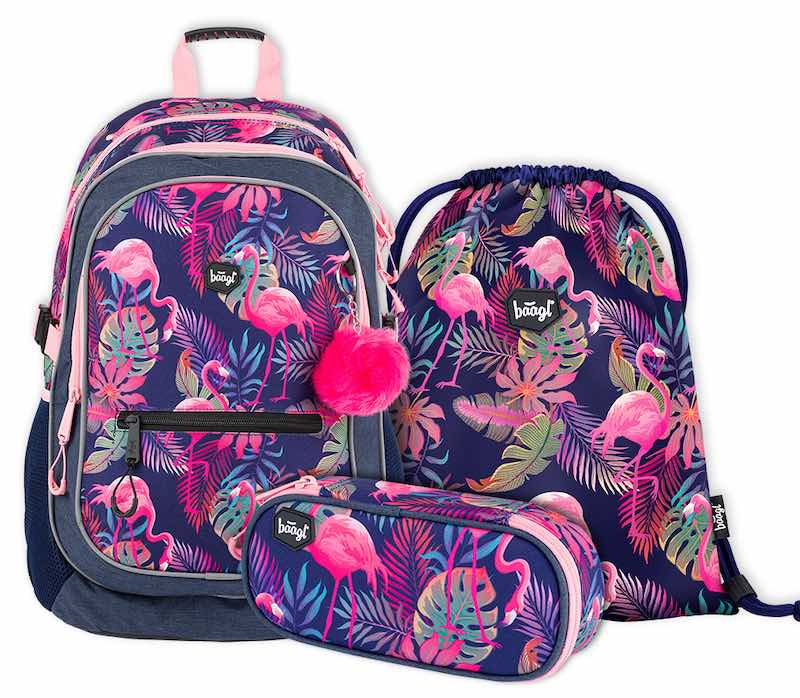 Školní batoh v setu Baagl Core Flamingo - 3 díly