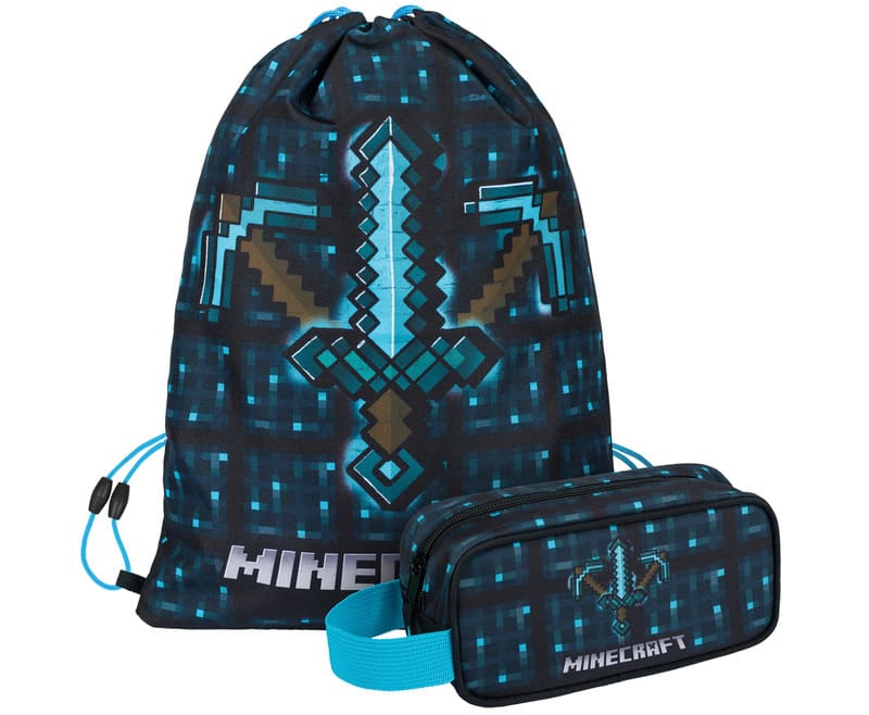 Školní set penál a sáček Baagl Minecraft Blue axe and sword - 2 díly