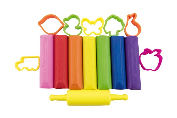 Modelína/Plastelína NARA 430g 8ks s vykrajovátky 10ks s válečkem s doplňky v plast. boxu 21x12x8cm - Teddies