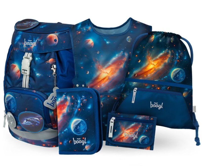 BAAGL SET 5 AIRY Vesmír: batoh, penál, sáček, zástěra, peněženka - Baagl