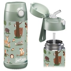 Detská termo fľaša z nerezovej ocele so slamkou JARLSON CHARLI Lesné zvieratká 350 ml