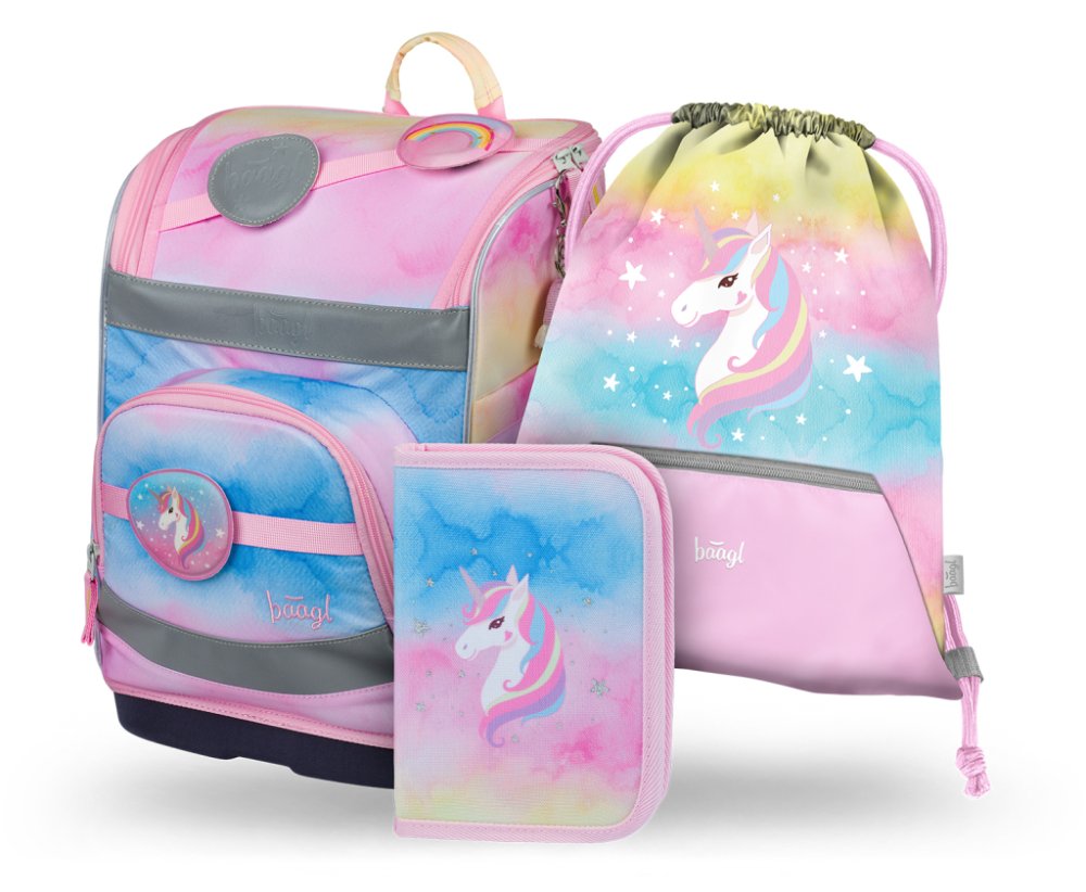 BAAGL SET 3 Zippy plus Rainbow Unicorn: aktovka, penál, sáček