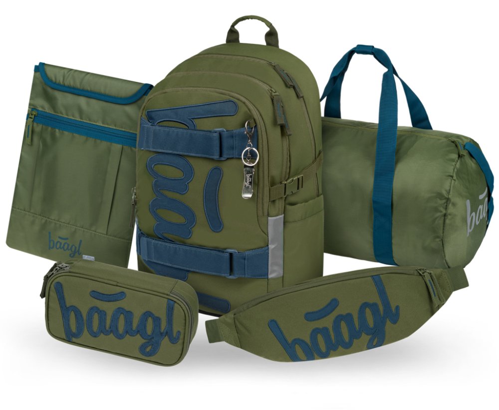 BAAGL SET 5 Skate Olive: batoh, penál, sportovní taška, ledvinka, obal na notebook GRS