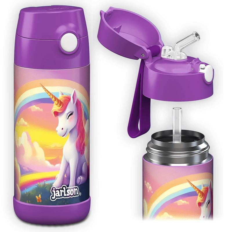 Levně Dětská nerezová termoláhev s brčkem JARLSON CHARLI Unicorn II 350 ml