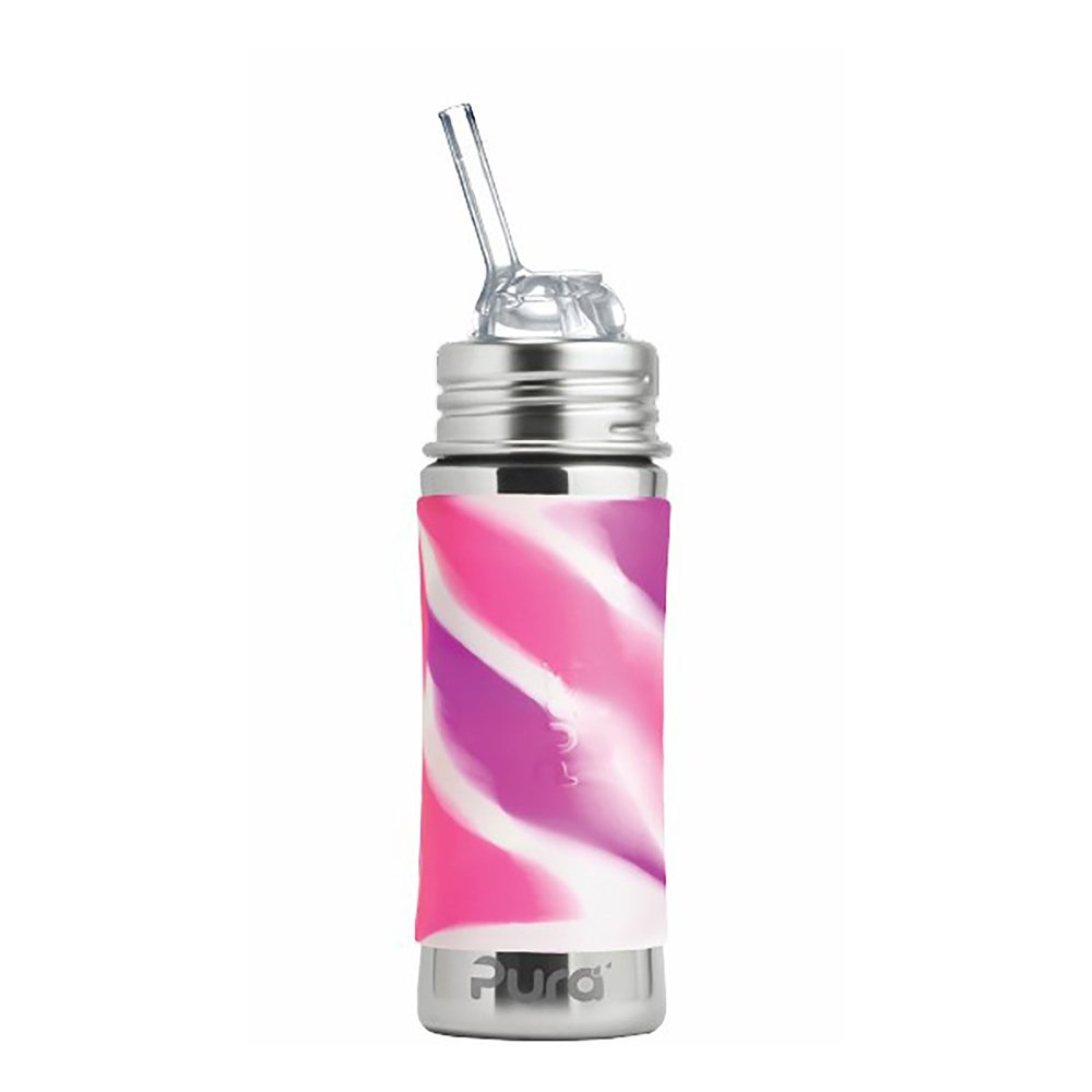 Levně Nerezová láhev na pití Pura s brčkem 325 ml - řůžovo-bílá