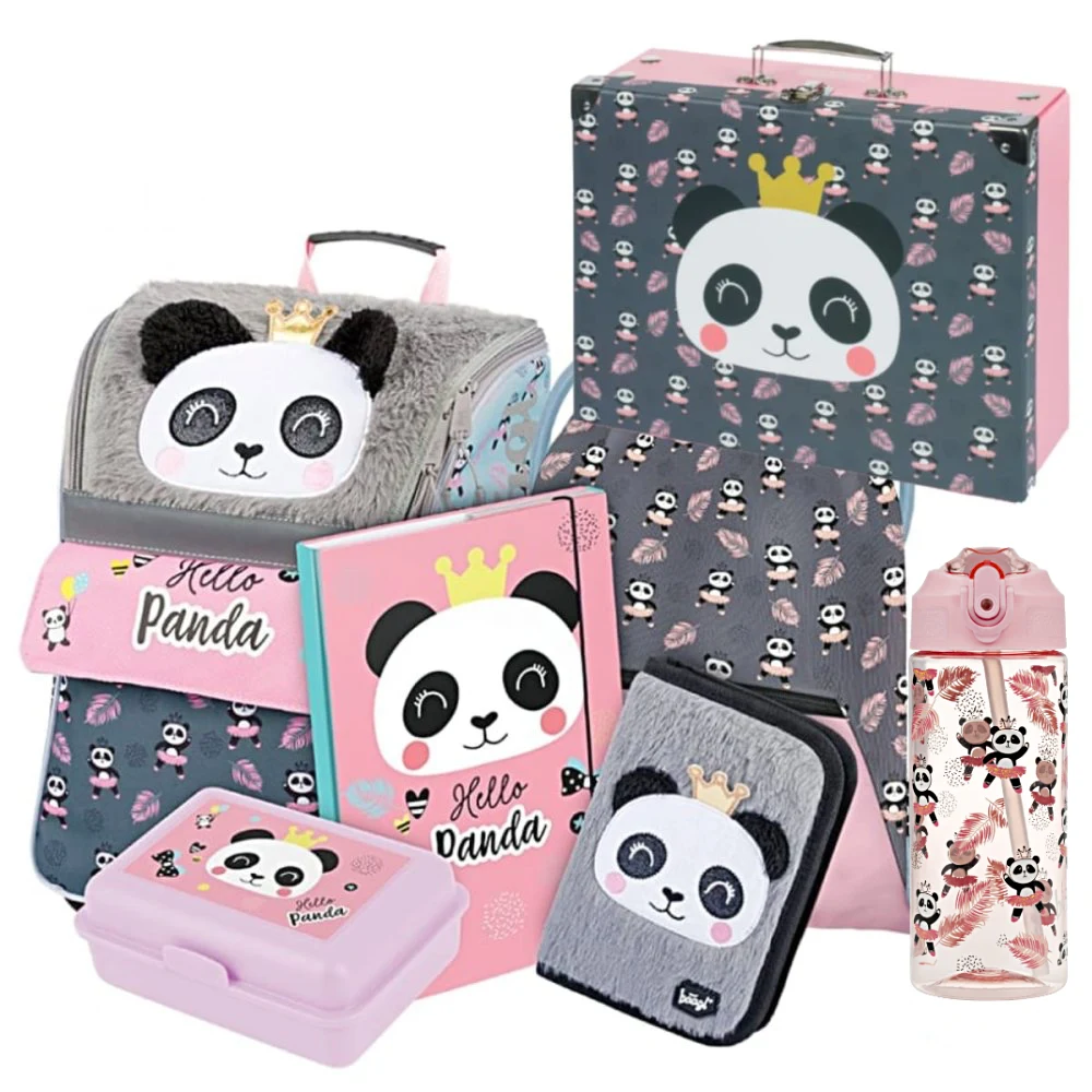 Školní aktovka v setu pro prvňáčky Baagl Zippy Panda - 7 dílů - láhev s brčkem