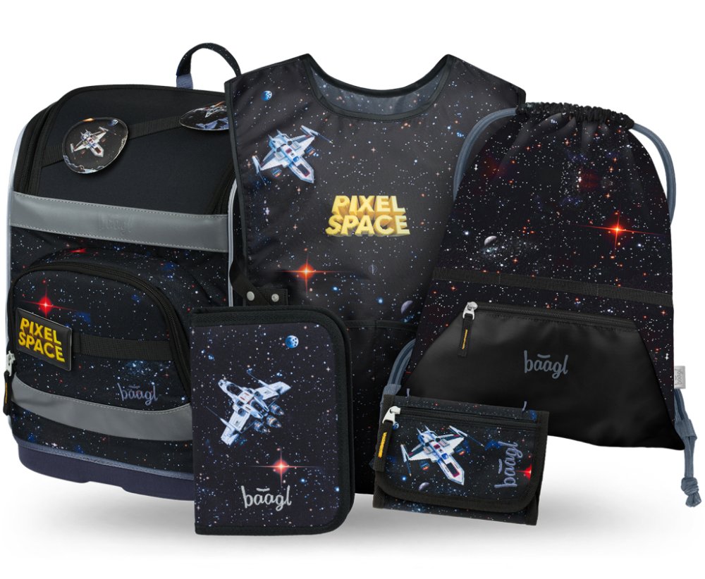 BAAGL SET 5 Zippy Plus Pixel Space: aktovka, penál, sáček, zástěra, peněženka
