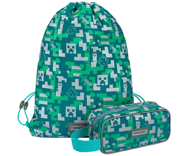 Školní set penál a sáček Baagl Minecraft Silver Creeper reflexní - 2 díly