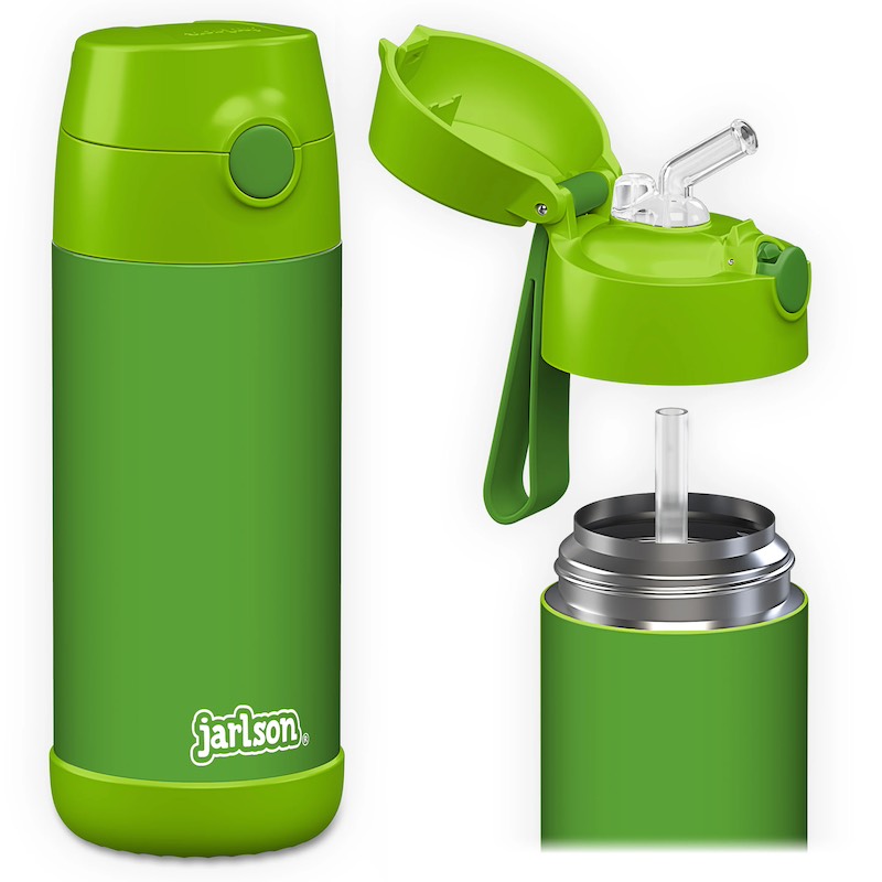 Levně Dětská nerezová termoláhev s brčkem JARLSON CHARLI Zelená 350 ml